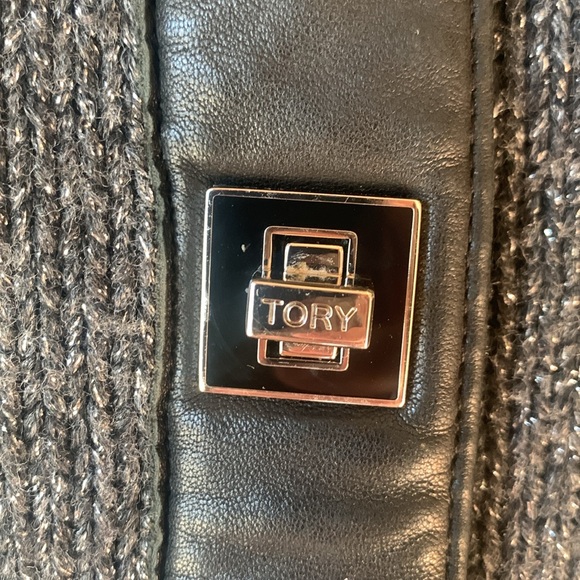 Tory Burch metallic cardigan with faux leather trim and toggle closures. - Picture 3 of 9